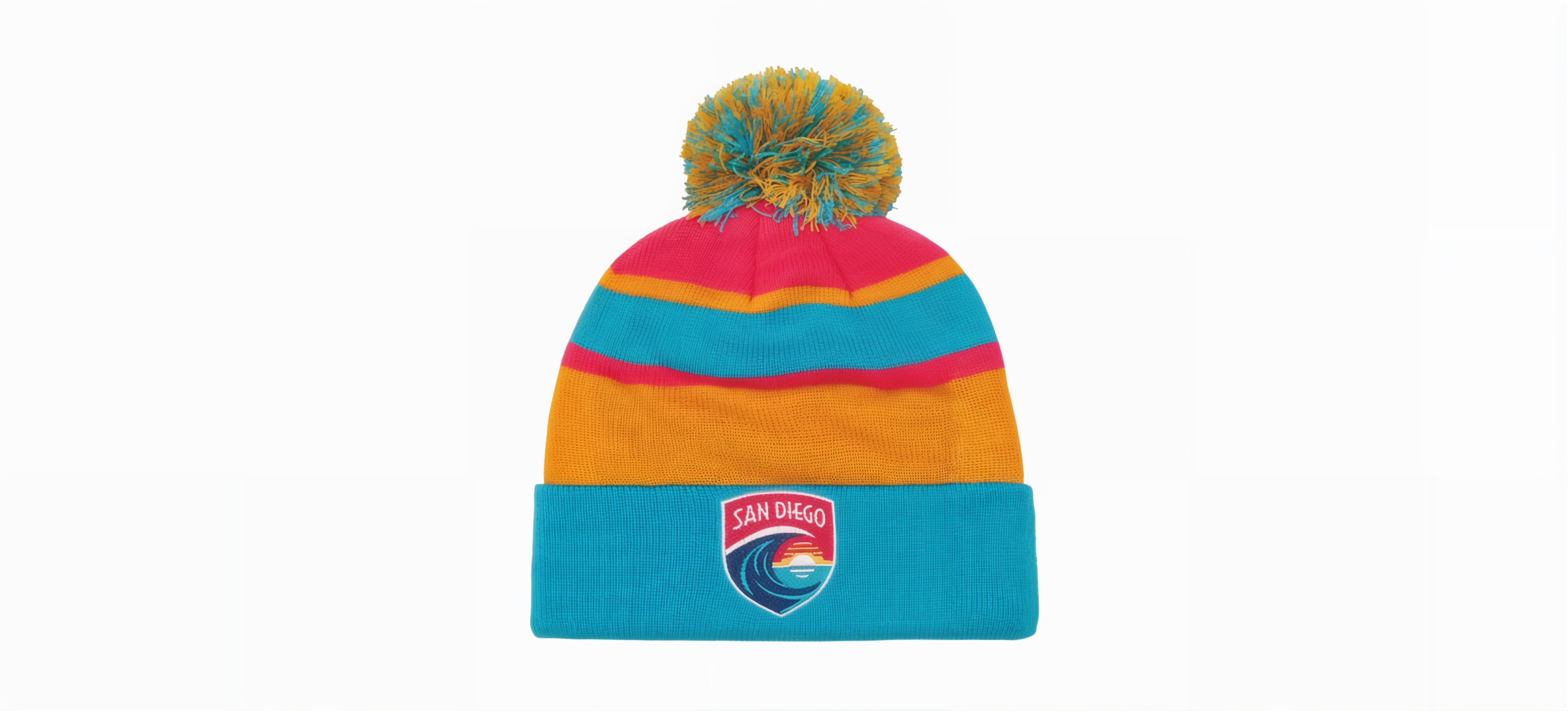 San Diego Wave FC Ruffneck beanie in teal, orange and pink with embroidered crest and pom
