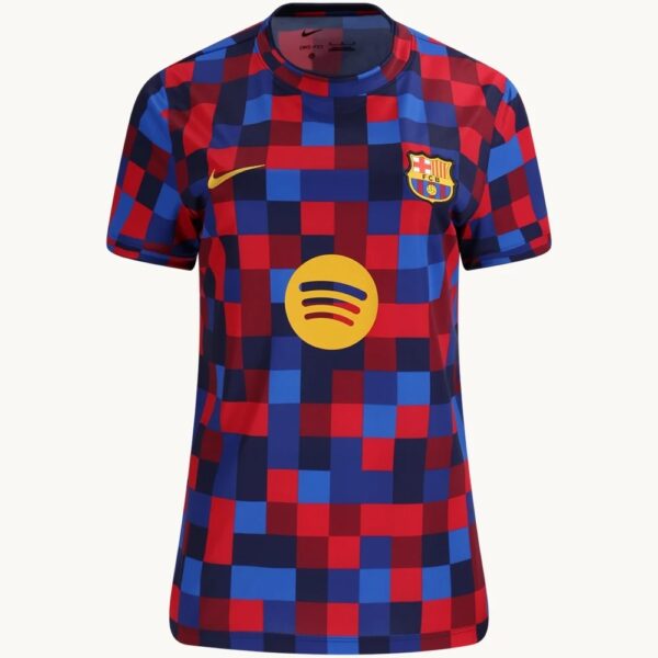 2026/27 Barcelona Women’s Pre-Match Training Jersey front, red and blue checkerboard pattern with Barcelona crest and Spotify sponsor
