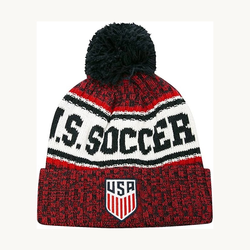 U.S. Soccer red and white pom beanie