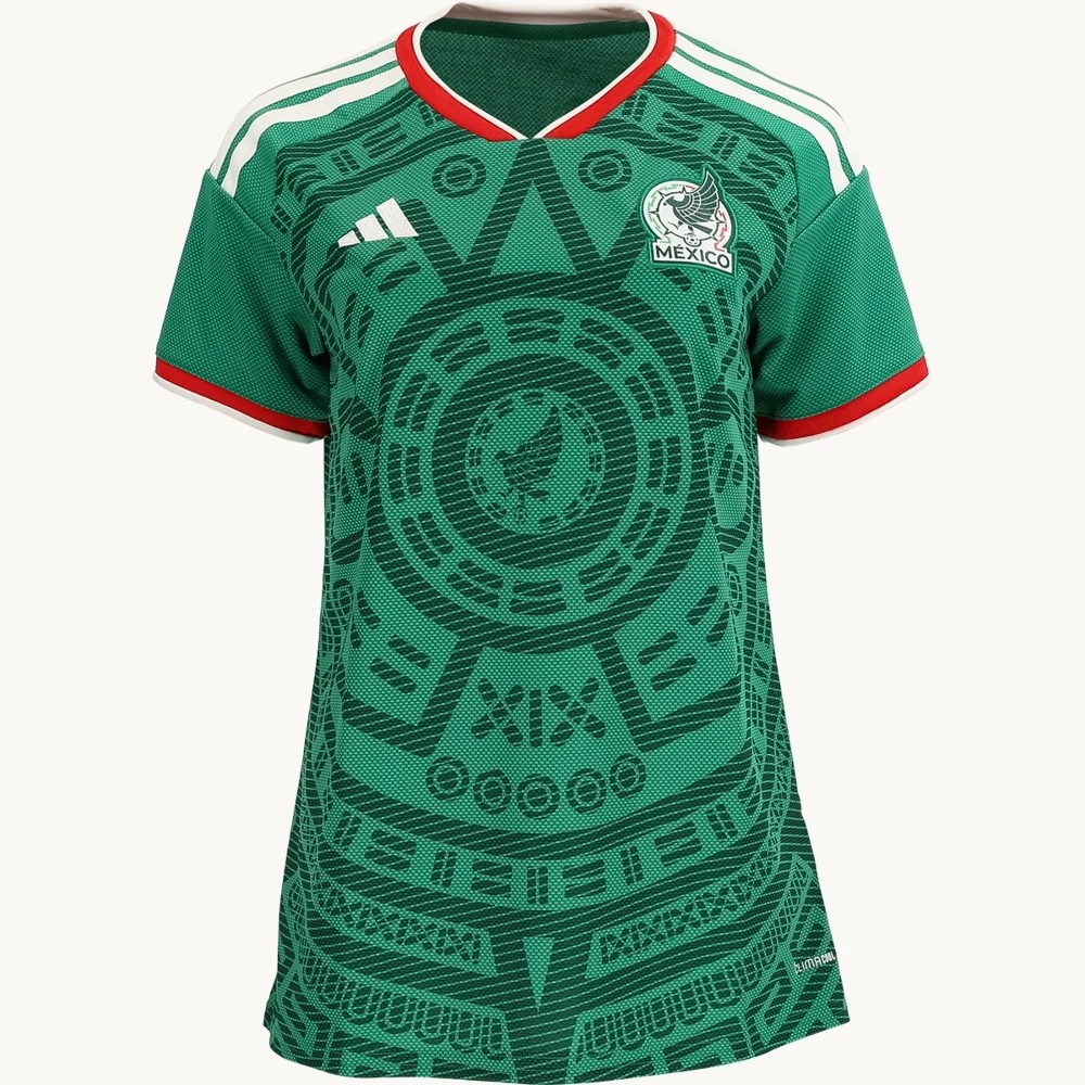 Women’s Fan adidas Mexico Home Jersey 2026 front, green with a tonal Aztec calendar print, red and white collar trim and the Mexican Football Federation crest