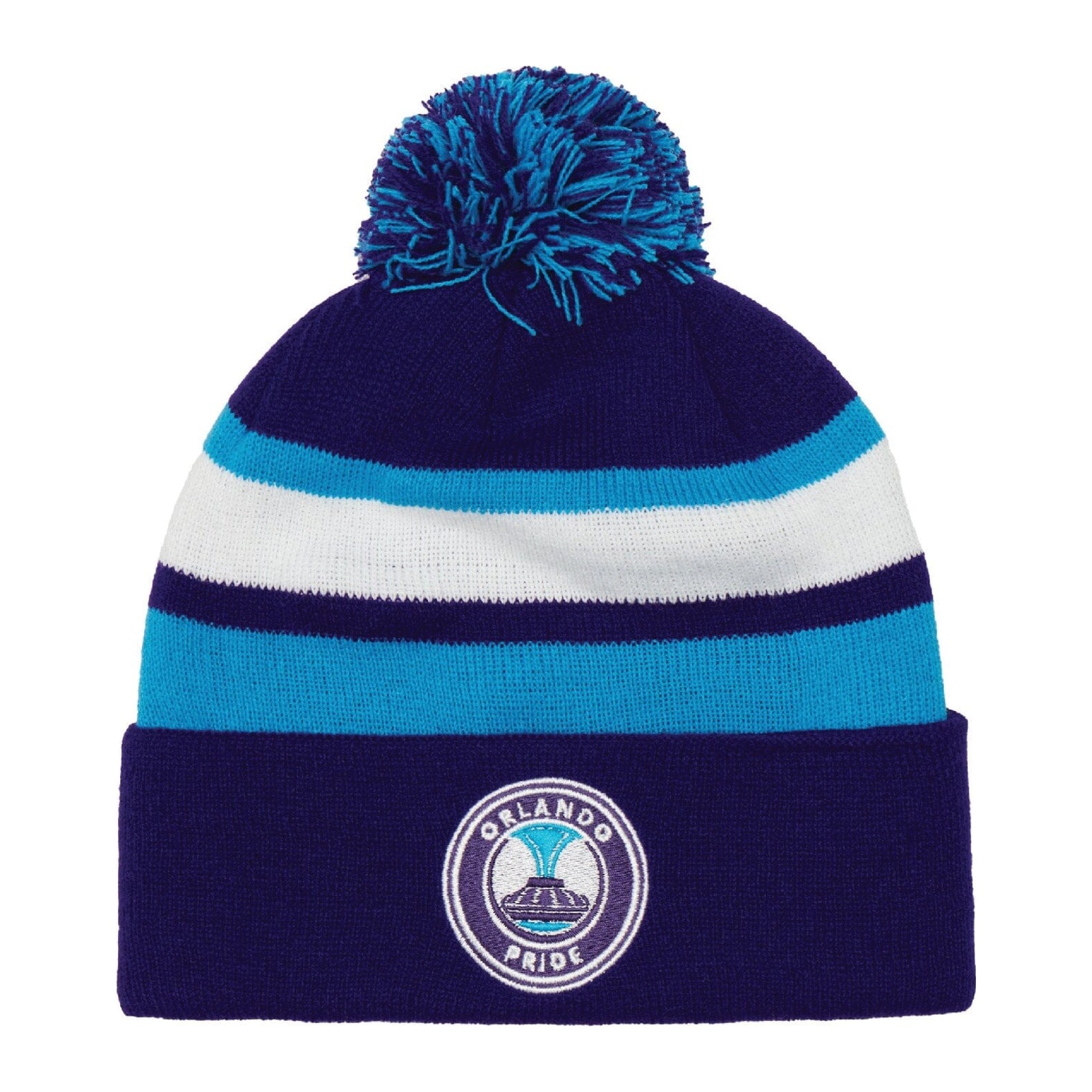 Orlando Pride Beanie by Ruffneck Scarves, purple cuffed knit pom hat with light blue and white stripes and the Orlando Pride crest