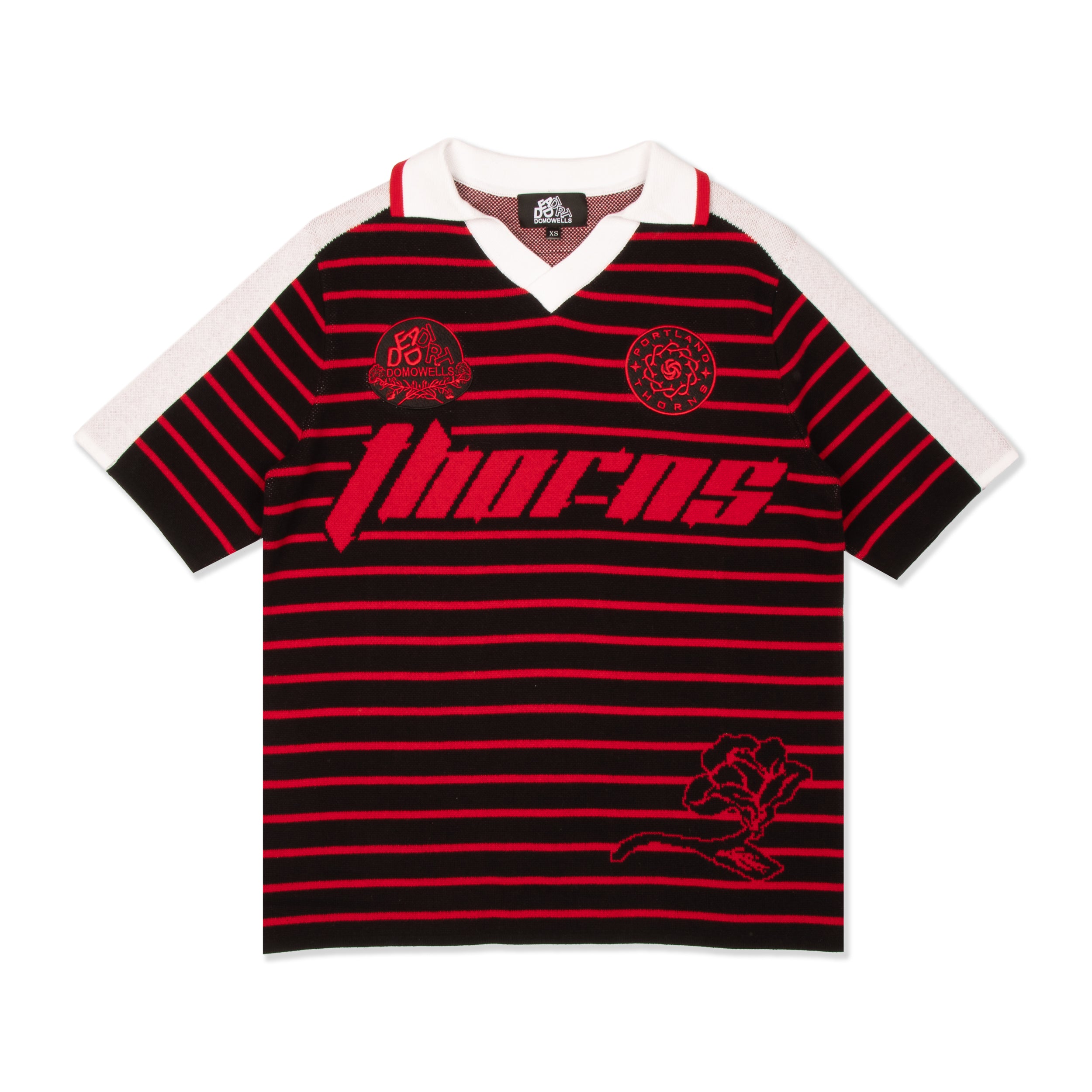 Portland Thorns X Dead Dirt NWSL Knit Polo front view, black with red stripes, white collar and Thorns knit script